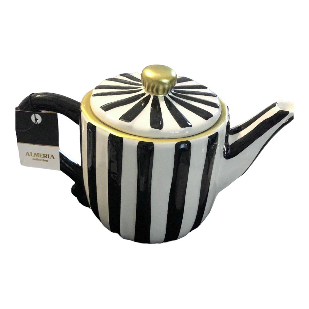 Black and White Teapot with Gold Accents